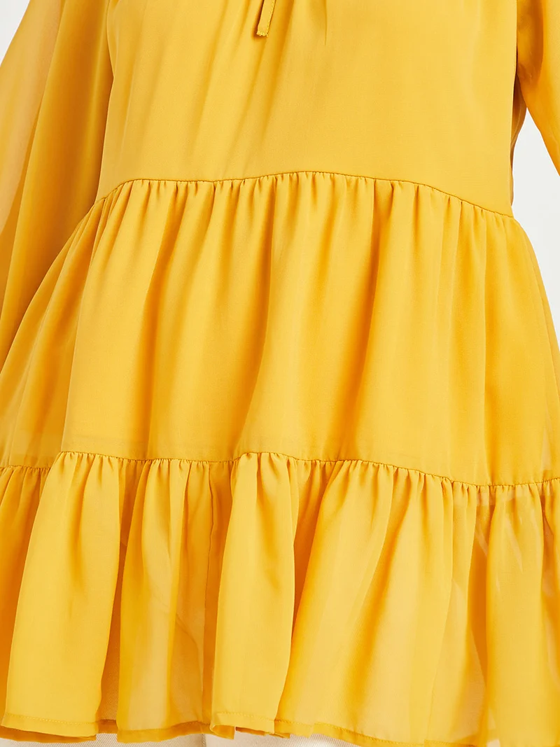 Closet By Styli Solid Pattern Long Sleeve Tiered Longline Tunic Mustard