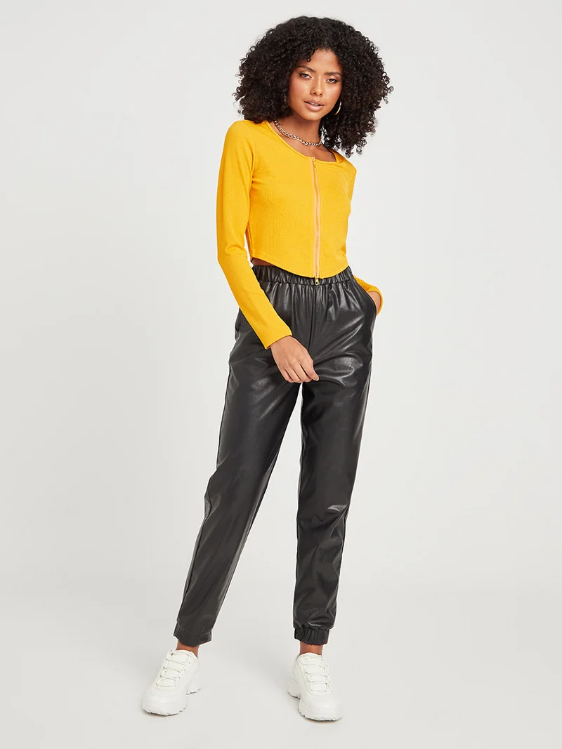 Closet By Styli Solid Pattern Zip Front Knit Top Mustard