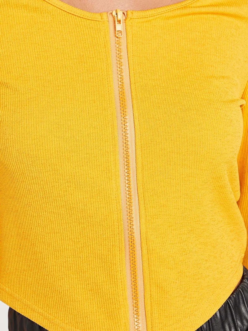 Closet By Styli Solid Pattern Zip Front Knit Top Mustard