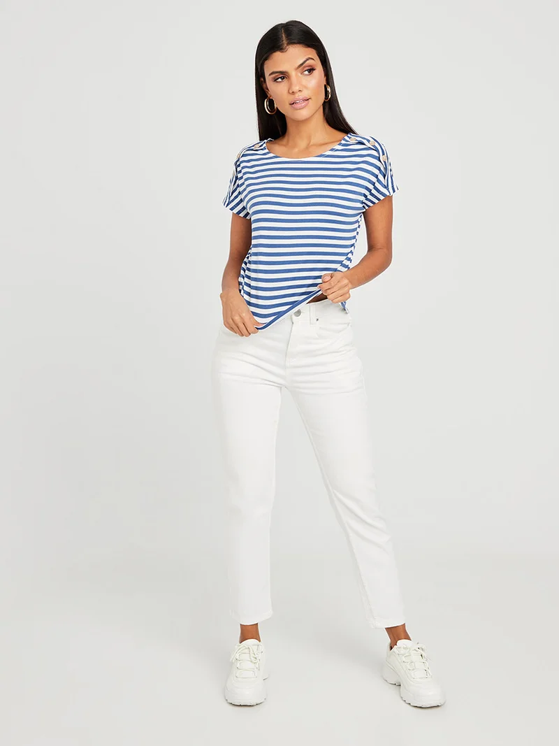 Closet By Styli Striped Pattern Round Neck T-Shirt Blue/White