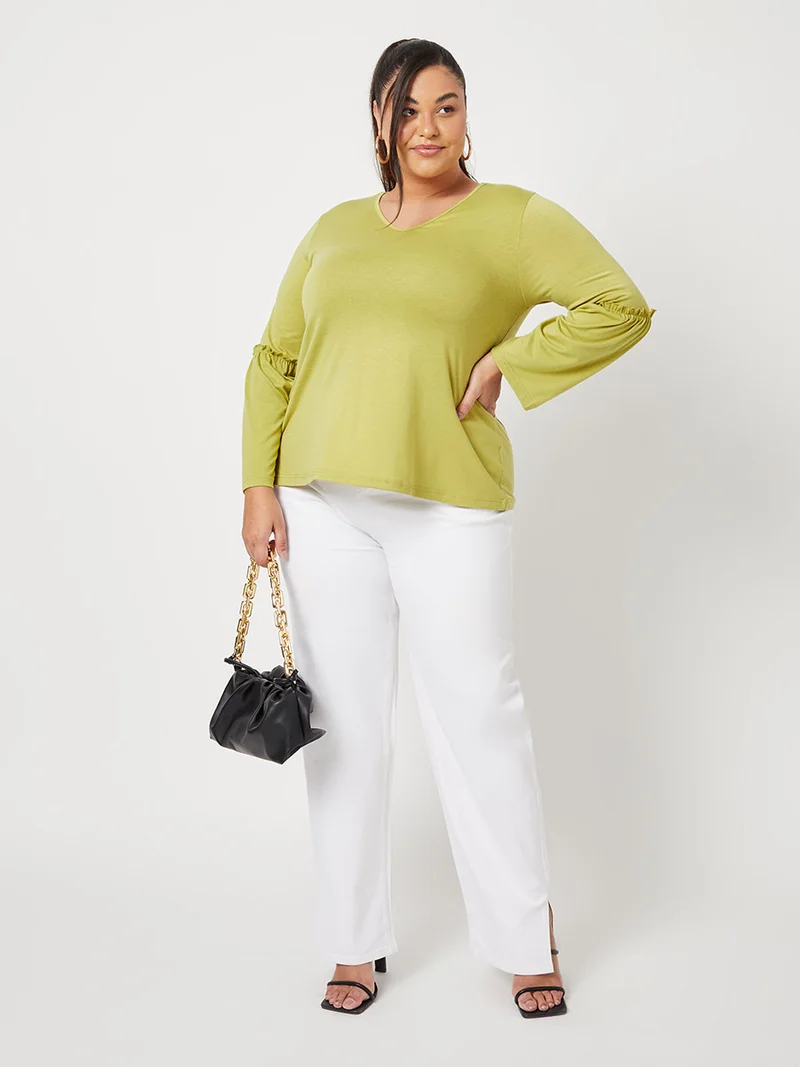 Closet By Styli Solid Pattern Flute Long Sleeve Top Green