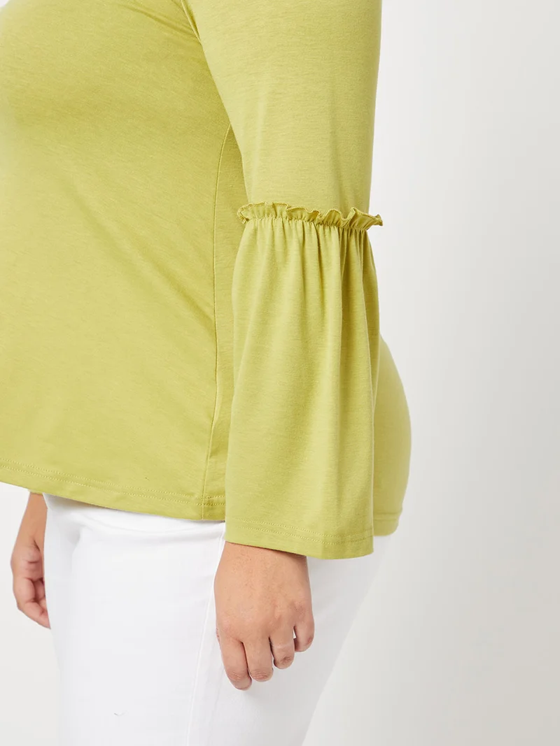 Closet By Styli Solid Pattern Flute Long Sleeve Top Green