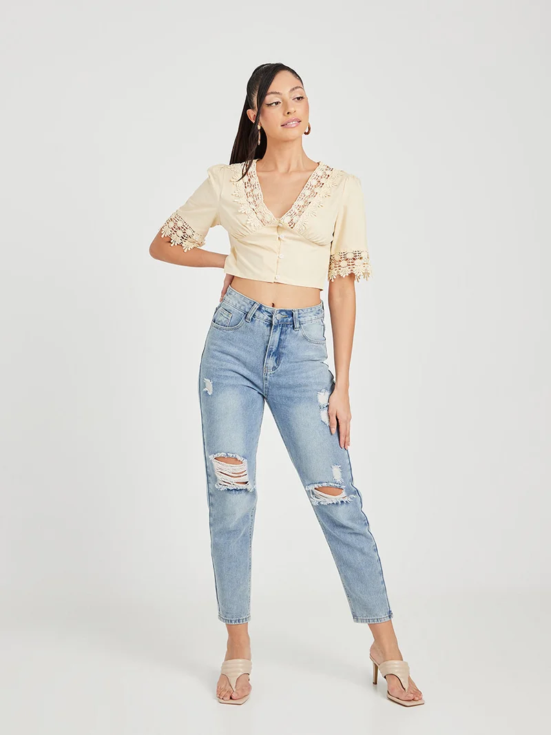 Closet By Styli Crochet Lace Trim Woven Crop Top Cream