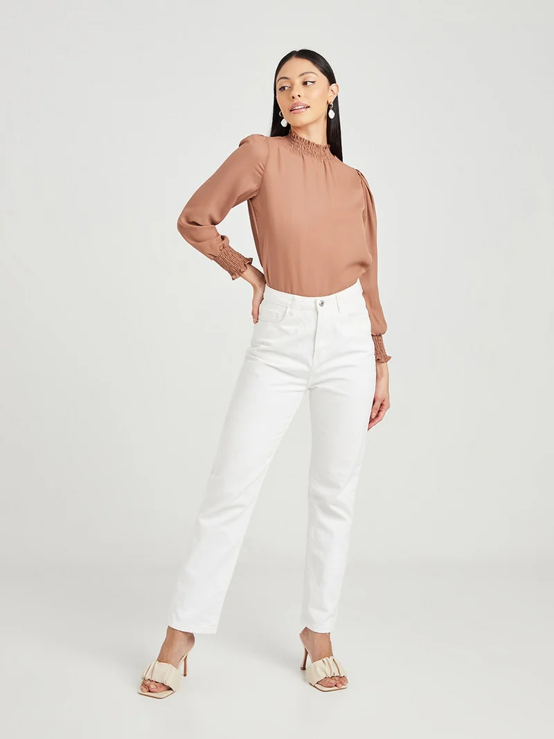 Closet By Styli Smocked Detail High Neck Top Khaki