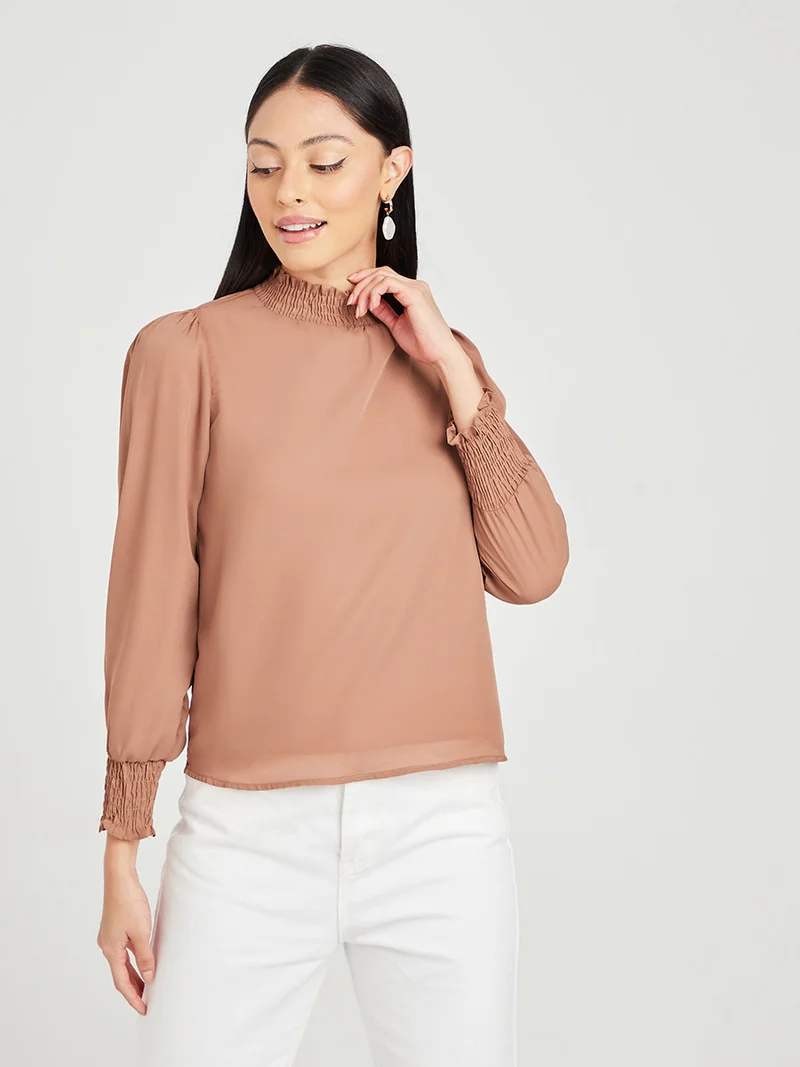 Closet By Styli Smocked Detail High Neck Top Khaki