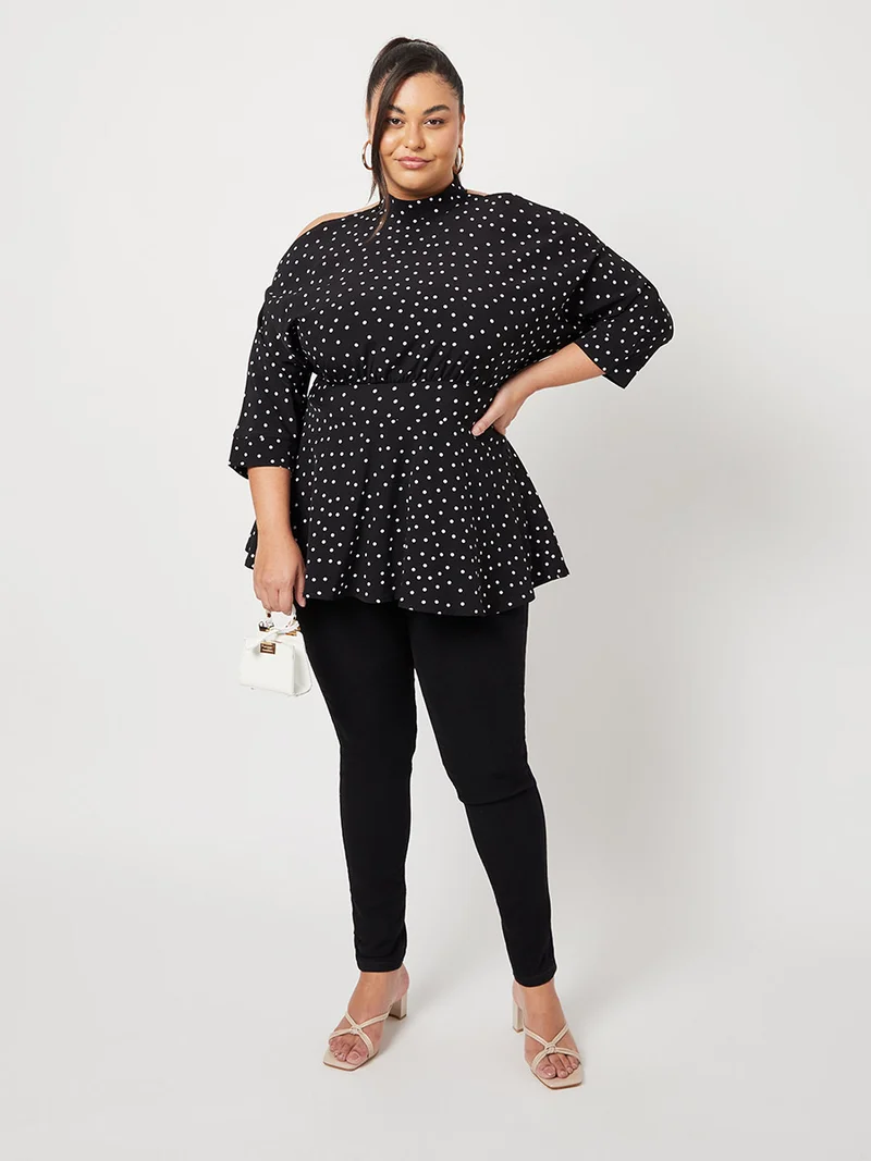Closet By Styli Polka Dot Printed Cold Shoulder Peplum Top Black/White