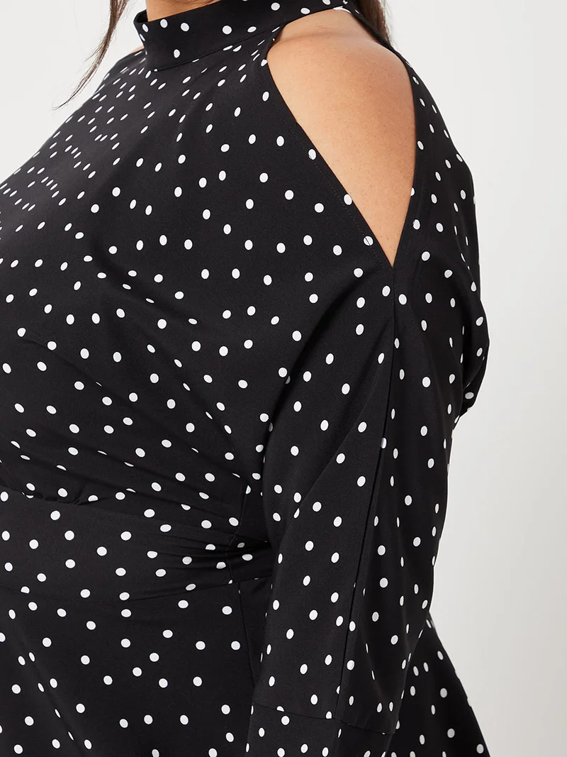 Closet By Styli Polka Dot Printed Cold Shoulder Peplum Top Black/White