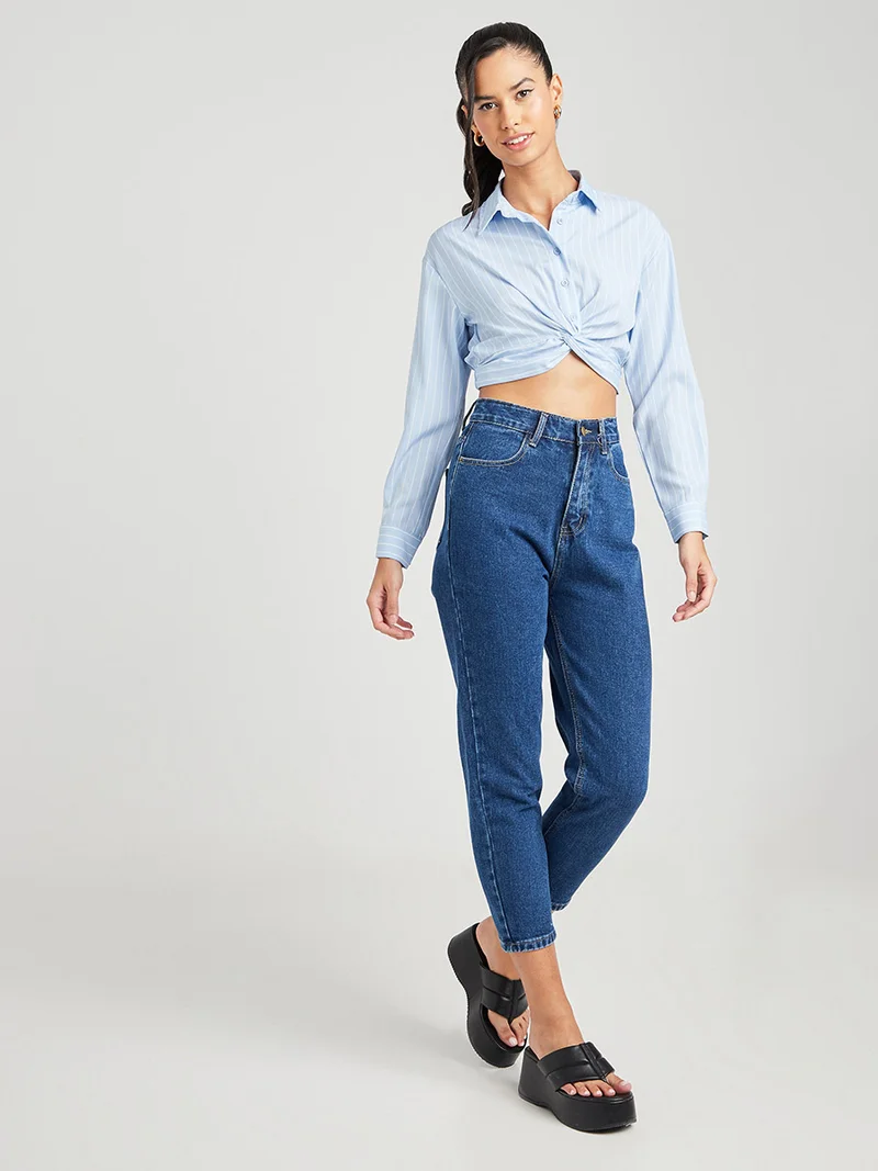Closet By Styli Stripe Pattern Front Knot Detail Crop Shirt Blue/White