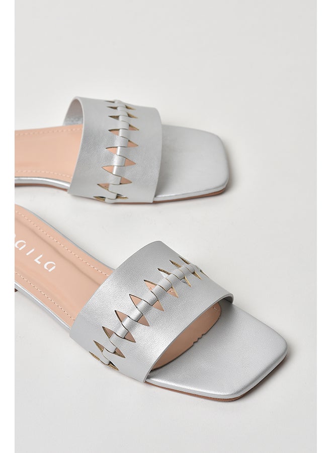 Aila - Cut-Out Detail Broad Strap Flat Sandals Silver - Image 1