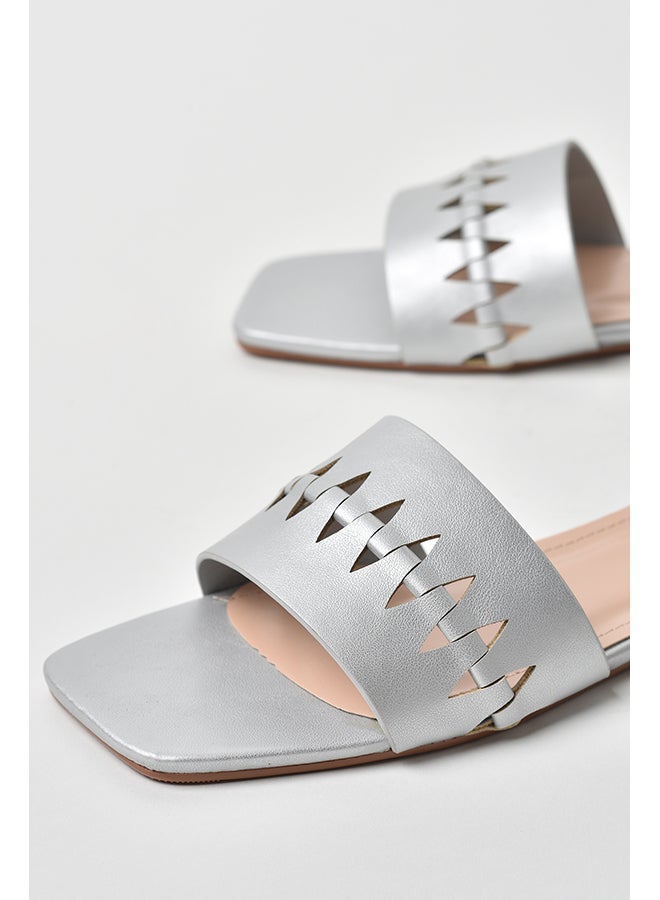 Aila - Cut-Out Detail Broad Strap Flat Sandals Silver - Image 1