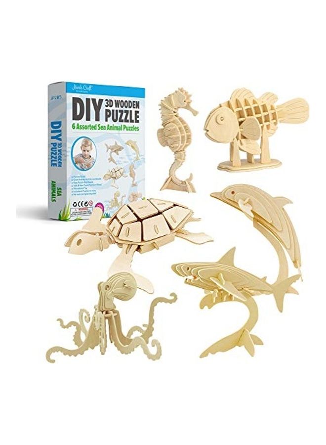 Hands Craft Pack Of 6 Sea Animals DIY 3D Wooden Puzzle Bundle Set 14inch - Image 1