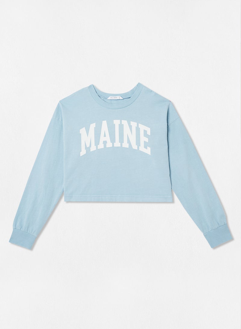 MANGO Girls Slogan Long Sleeve Sweatshirt Light Blue  - Image 1