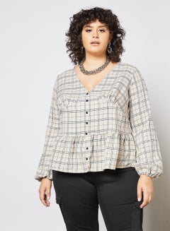 Curve Chequered Print Top Beige