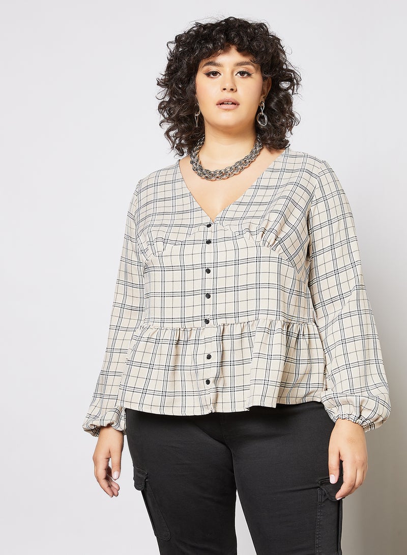 Vero Moda Curve - Curve Chequered Print Top Beige - Image 1