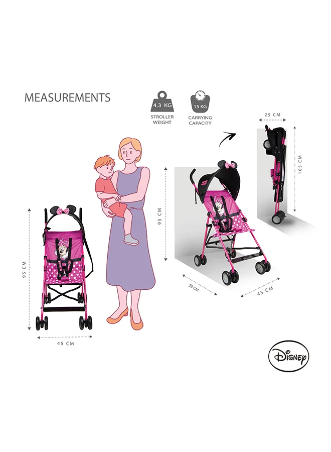 Disney Minnie Mouse Lightweight Buggy Stroller 3 - 36 Months, Pink, Rear Breaks, Shoulder Strap