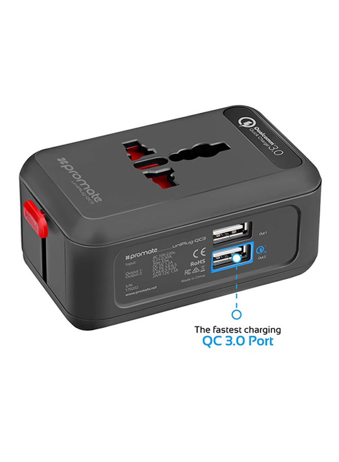بروميت - محول UniPlug-QC3 شامل للسفر مزود بمقبس مناسب لجميع الأجهزة وتقنية الشحن السريع 0.3 من كوالكوم ومنفذ USB مزدوج بحماية من ارتفاع التيار المفاجئ مناسب لمناطق UK, US, AU, EU والهواتف الذكية وأجهزة التابلت، لون أسود أسود - Image 1