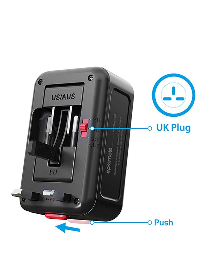 بروميت - محول UniPlug-QC3 شامل للسفر مزود بمقبس مناسب لجميع الأجهزة وتقنية الشحن السريع 0.3 من كوالكوم ومنفذ USB مزدوج بحماية من ارتفاع التيار المفاجئ مناسب لمناطق UK, US, AU, EU والهواتف الذكية وأجهزة التابلت، لون أسود أسود - Image 1