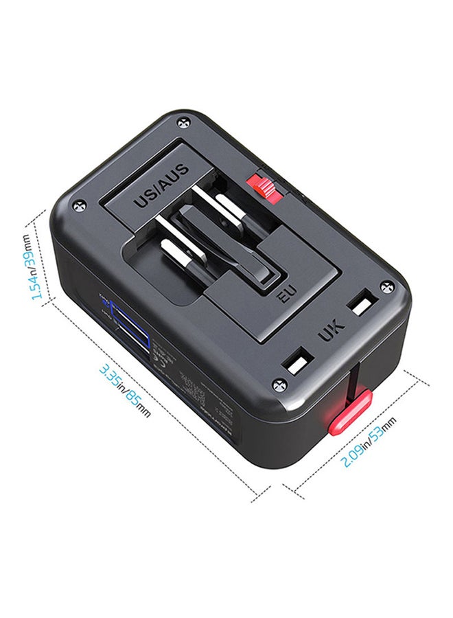 بروميت - محول UniPlug-QC3 شامل للسفر مزود بمقبس مناسب لجميع الأجهزة وتقنية الشحن السريع 0.3 من كوالكوم ومنفذ USB مزدوج بحماية من ارتفاع التيار المفاجئ مناسب لمناطق UK, US, AU, EU والهواتف الذكية وأجهزة التابلت، لون أسود أسود - Image 1