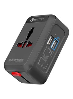 محول UniPlug-QC3 شامل للسفر مزود بمقبس مناسب لجميع الأجهزة وتقنية الشحن السريع 0.3 من كوالكوم ومنفذ USB مزدوج بحماية من ارتفاع التيار المفاجئ مناسب لمناطق UK, US, AU, EU والهواتف الذكية وأجهزة التابلت، لون أسود أسود