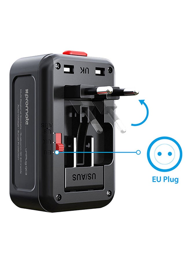 بروميت - محول UniPlug-QC3 شامل للسفر مزود بمقبس مناسب لجميع الأجهزة وتقنية الشحن السريع 0.3 من كوالكوم ومنفذ USB مزدوج بحماية من ارتفاع التيار المفاجئ مناسب لمناطق UK, US, AU, EU والهواتف الذكية وأجهزة التابلت، لون أسود أسود - Image 1