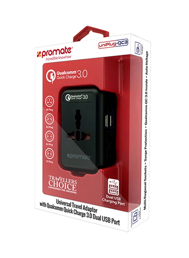 بروميت - محول UniPlug-QC3 شامل للسفر مزود بمقبس مناسب لجميع الأجهزة وتقنية الشحن السريع 0.3 من كوالكوم ومنفذ USB مزدوج بحماية من ارتفاع التيار المفاجئ مناسب لمناطق UK, US, AU, EU والهواتف الذكية وأجهزة التابلت، لون أسود أسود - Image 1