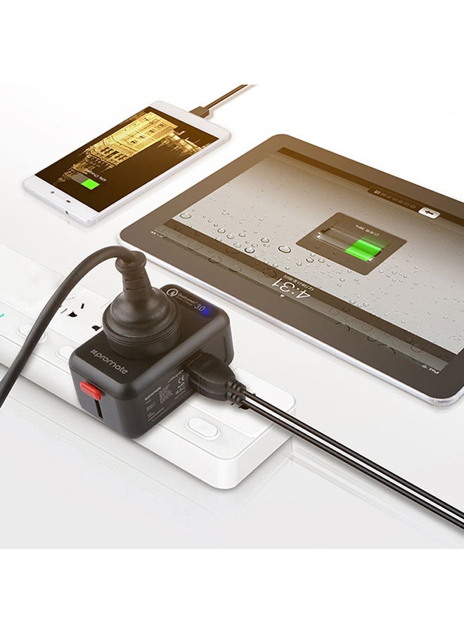 بروميت - محول UniPlug-QC3 شامل للسفر مزود بمقبس مناسب لجميع الأجهزة وتقنية الشحن السريع 0.3 من كوالكوم ومنفذ USB مزدوج بحماية من ارتفاع التيار المفاجئ مناسب لمناطق UK, US, AU, EU والهواتف الذكية وأجهزة التابلت، لون أسود أسود - Image 1