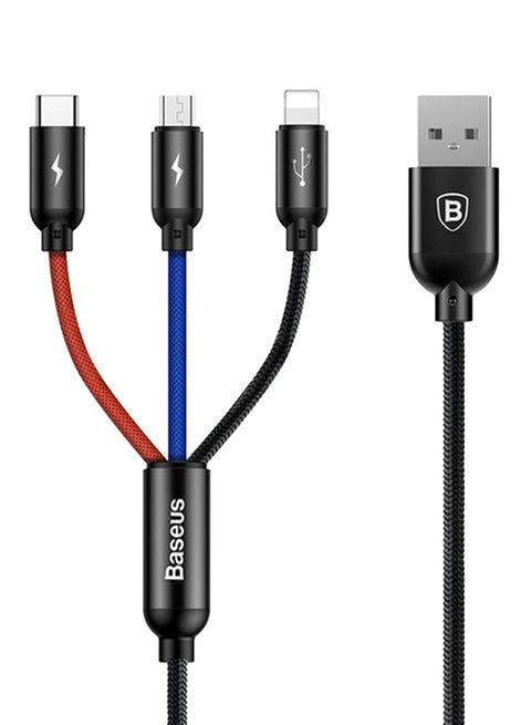 Three Primary Series 3 in 1 Lightning, Type-C and Micro Usb 3.5A 30 cm Charging Cable Black/Red/Blue
