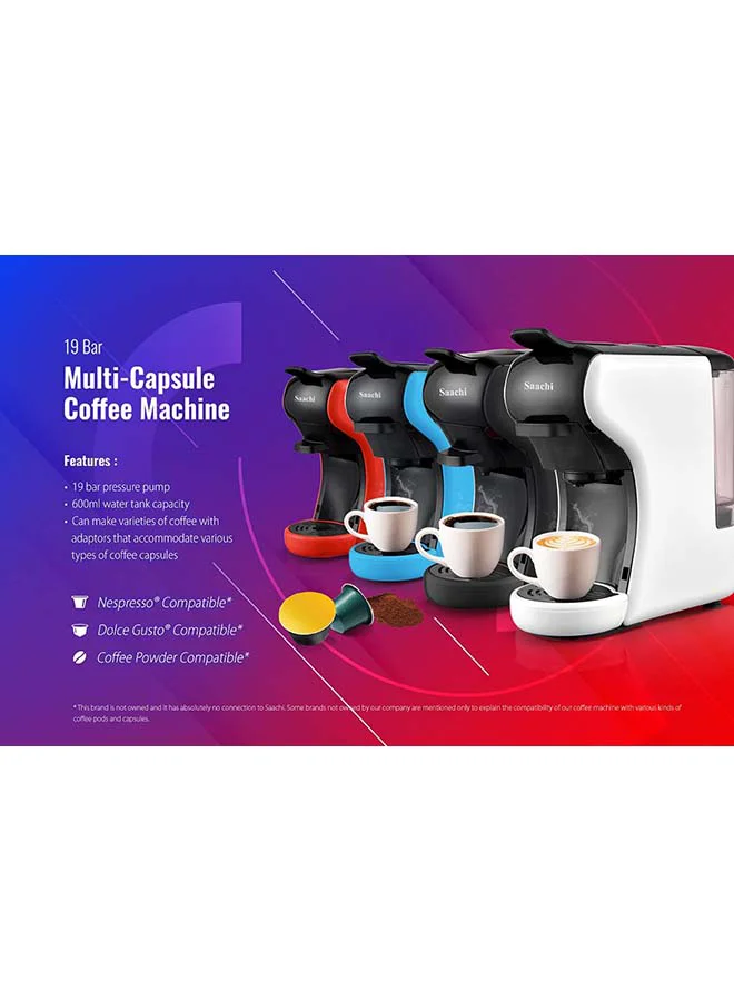 Saachi Multi Capsule Coffee Machine with 19 Bar Automatic Steam Pressure Pump, Compatible with Coffee Powder, Nespresso and Dolce Gusto Capsules 1450 W NL-COF-7058C-WH White/Black