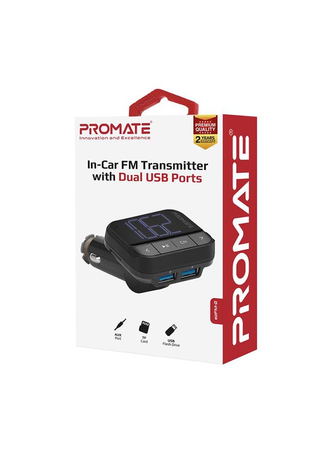 PROMATE - Car FM Transmitter, Wireless In-Car Radio Adapter Kit with Dual USB Ports, Hands-Free Calling, AUX Port, TF Card Slot, LED Display, Multiple EQ Modes and Remote Control for Smartphones, Tablets, EzFM-2 - Image 1