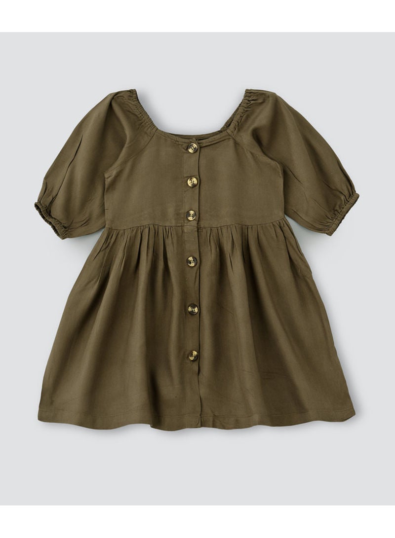 جيلين فستان مزود بأزرار أمامية بتصميم مزموم على الخصر زيتونيّ - Image 1