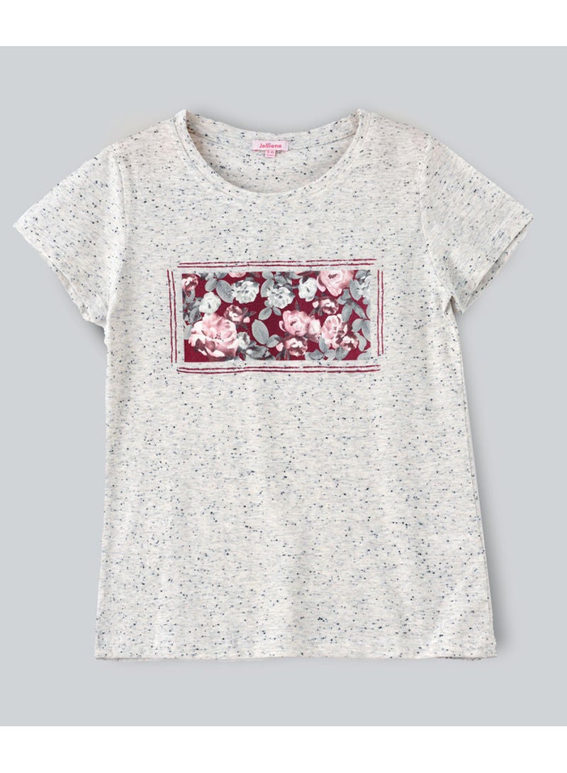 Jelliene Printed Round Neck Knit T-Shirt Light Grey Melange - Image 1