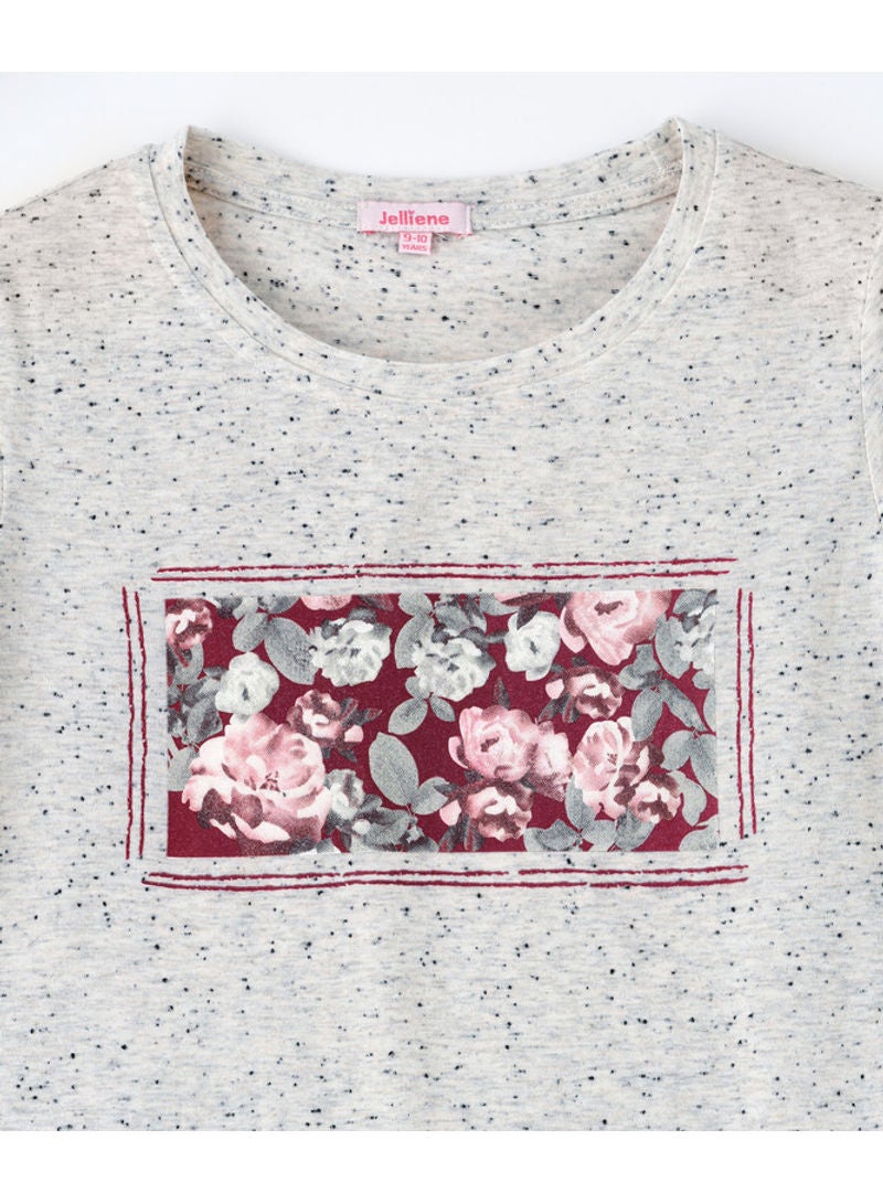 Jelliene Printed Round Neck Knit T-Shirt Light Grey Melange - Image 3