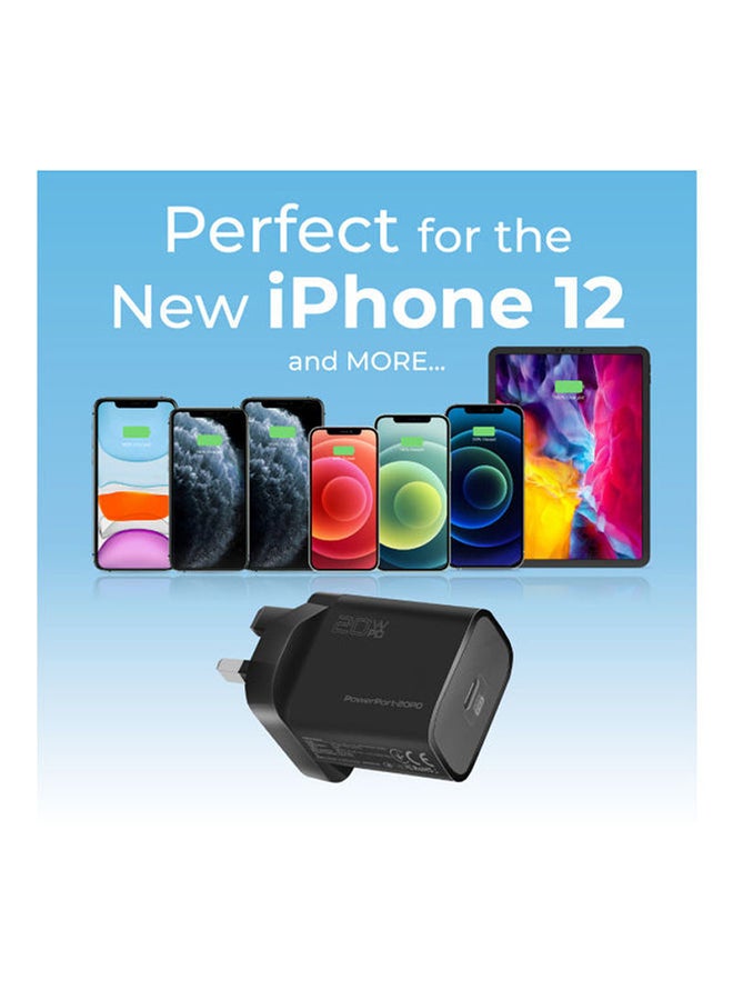 PROMATE - 20W USB-C Charger with Power Delivery, Ultra-Compact Fast Charge Wall Adapter with Power Delivery for iPhone 12/12 Mini/12 Pro/12 Pro Max, iPad Pro, PowerPort20PD-UK Black - Image 1