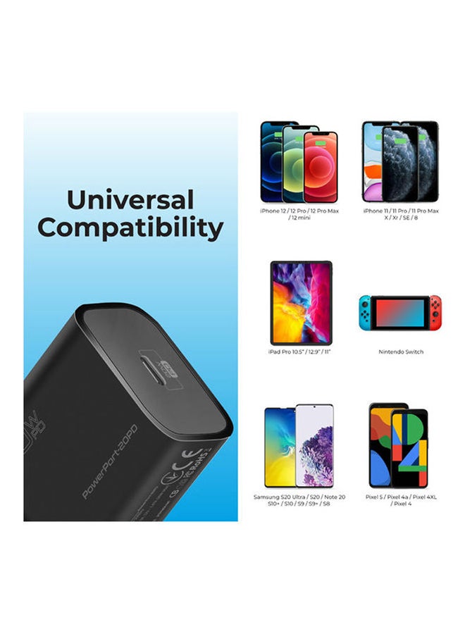 PROMATE - 20W USB-C Charger with Power Delivery, Ultra-Compact Fast Charge Wall Adapter with Power Delivery for iPhone 12/12 Mini/12 Pro/12 Pro Max, iPad Pro, PowerPort20PD-UK Black - Image 1