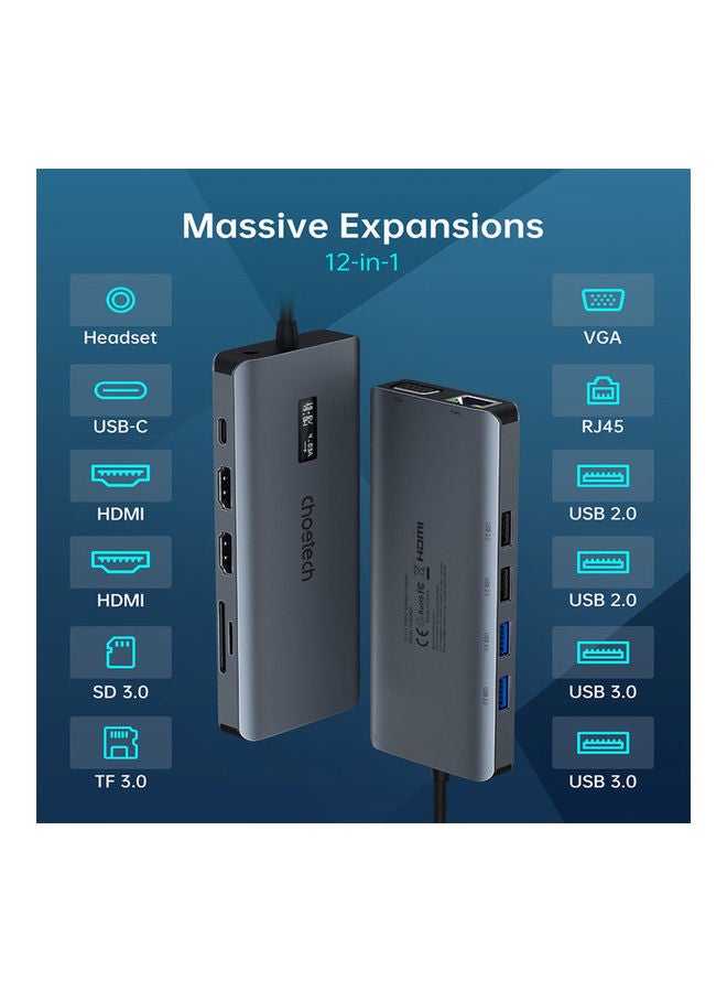 Multiport Adapter With LED Display For Type-C Compatible Laptops & Devices Grey