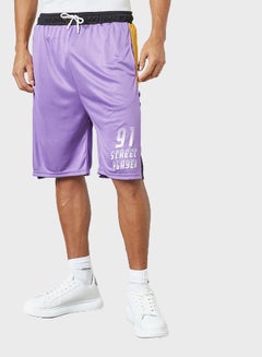 ABOF Contrast Stripe Detail Elastic Waistband Drawstring Shorts Purple/White/Yellow  - Image 1