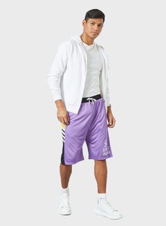 ABOF Contrast Stripe Detail Elastic Waistband Drawstring Shorts Purple/White/Yellow  - Image 3
