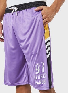 ABOF Contrast Stripe Detail Elastic Waistband Drawstring Shorts Purple/White/Yellow  - Image 4