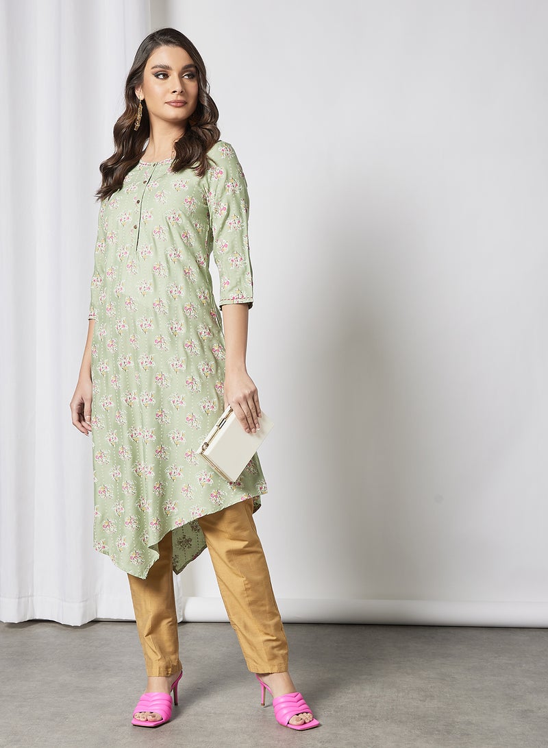 W - Asymmetric Hem Kurta Green - Image 1