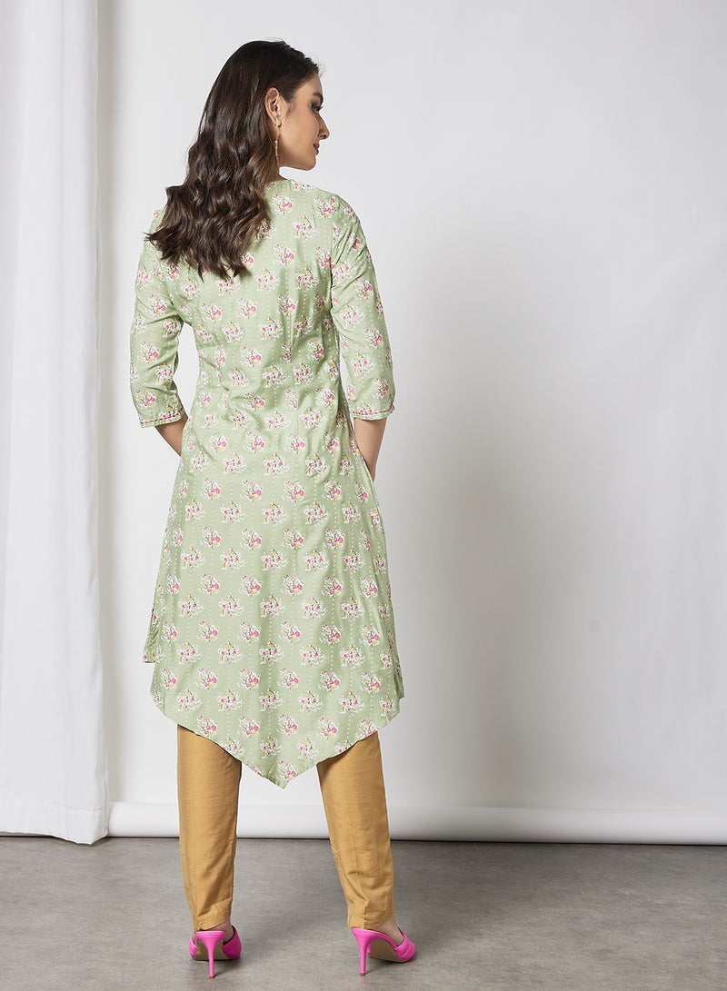 W - Asymmetric Hem Kurta Green - Image 1