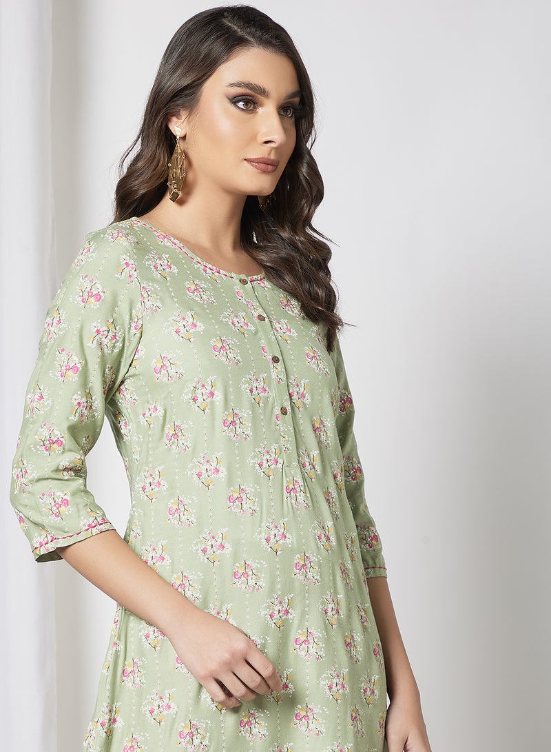 W - Asymmetric Hem Kurta Green - Image 1