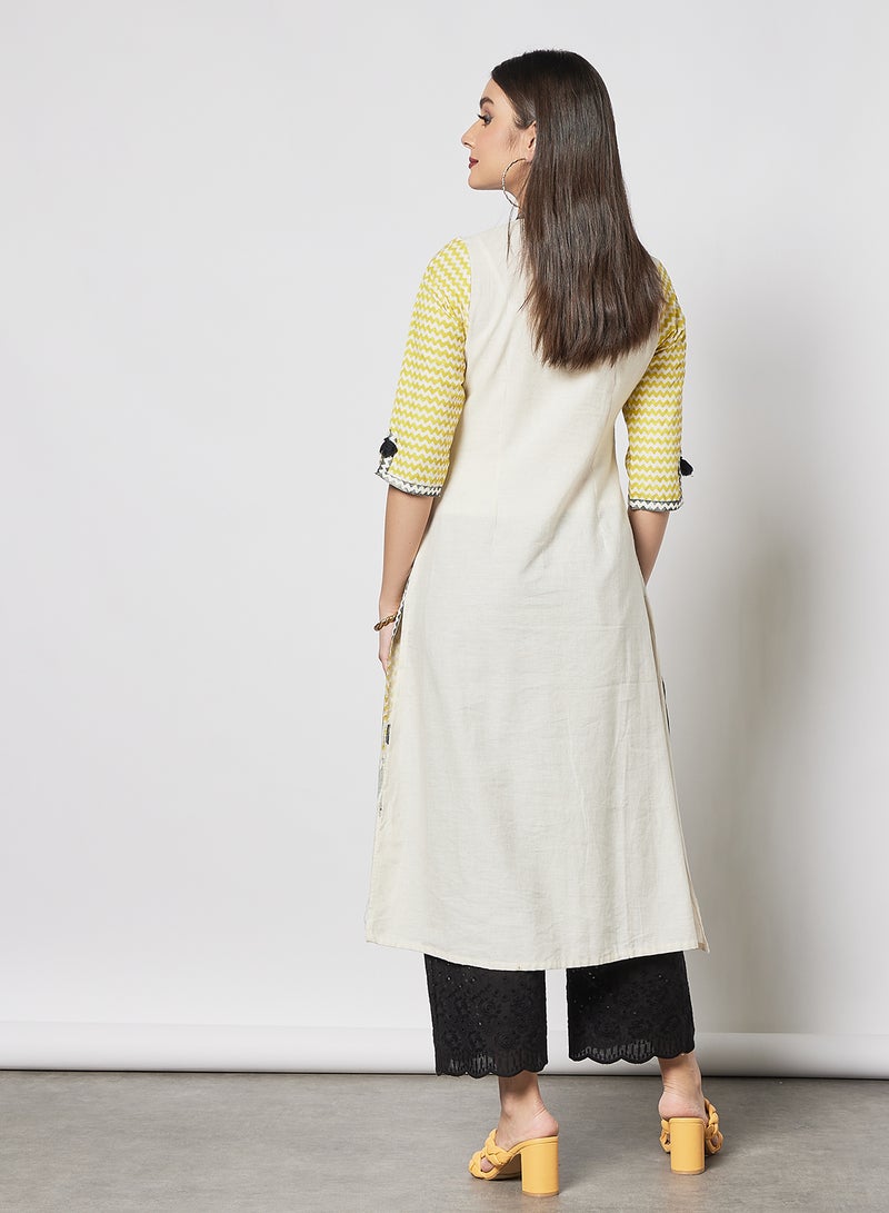 W - Mandarin Neck Printed Kurta Yellow - Image 1