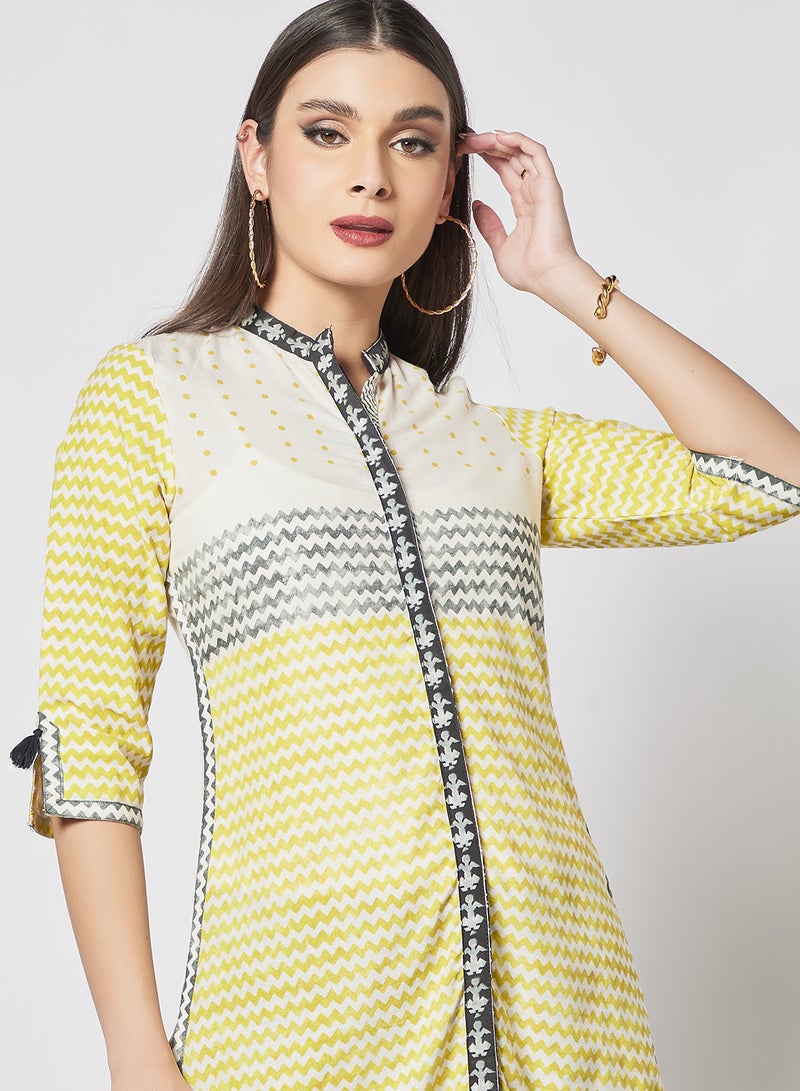 W - Mandarin Neck Printed Kurta Yellow - Image 1