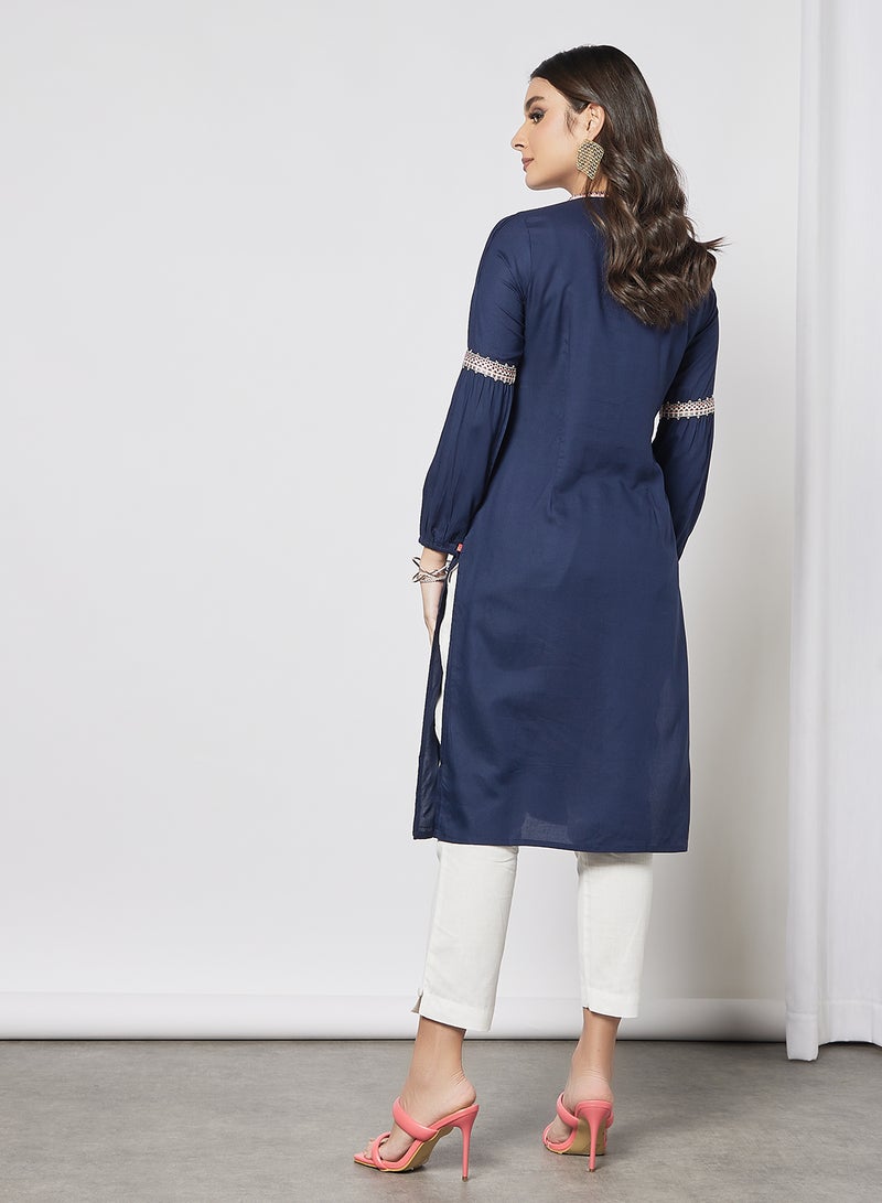 W - Gather Detailed V-Neck Kurta Navy - Image 1