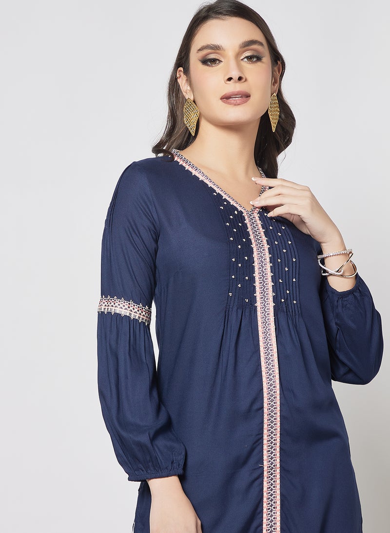 W - Gather Detailed V-Neck Kurta Navy - Image 1