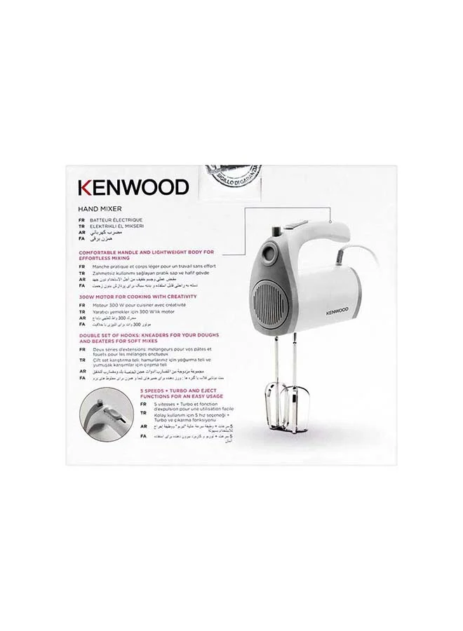 KENWOOD Hand Mixer (Electric Whisk) With 5 Speeds + Turbo Button, Twin Stainless Steel Kneader And Beater For Mixing, Whipping, Whisking, Kneading 300 W HMP20.000WH White