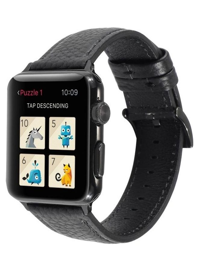 HuHa Litchi Texture Genuine Watchband For Apple Watch Series 7 41mm/6 & SE & 5 & 4 40mm/3 & 2 & 1 38mm Black - Image 3