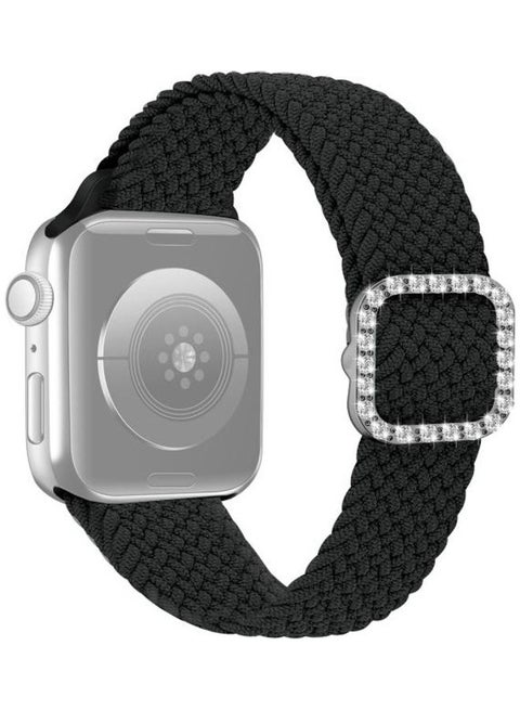 Adjustable Nylon Braided Elasticity Diamond Buckle Replacement Strap Watchband For Apple Watch Series 7 & 6 & SE & 5 & 4 & 2 & 1 Black