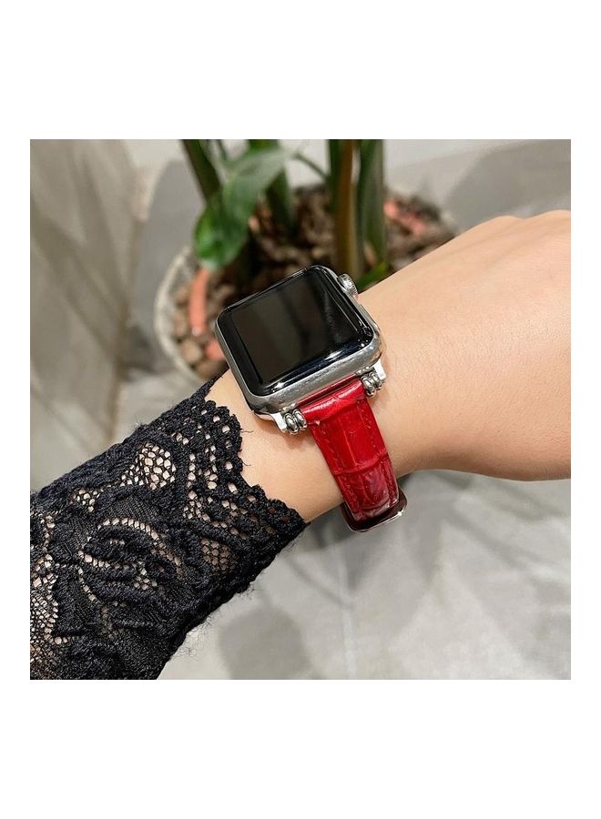 HuHa Bamboo Joint with Beads Leather Replacement Strap Watchband for Apple Watch Series 7/6/SE/5/4/3/2/1 38/40/41mm Red - Image 4