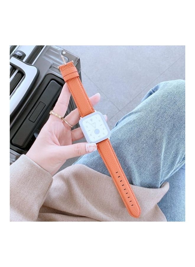 HuHa Sewing Thread Lychee Texture Leather Replacement Watchband for Series 7/6/SE/5/4/3/2/1 38/40/41mm Orange - Image 1